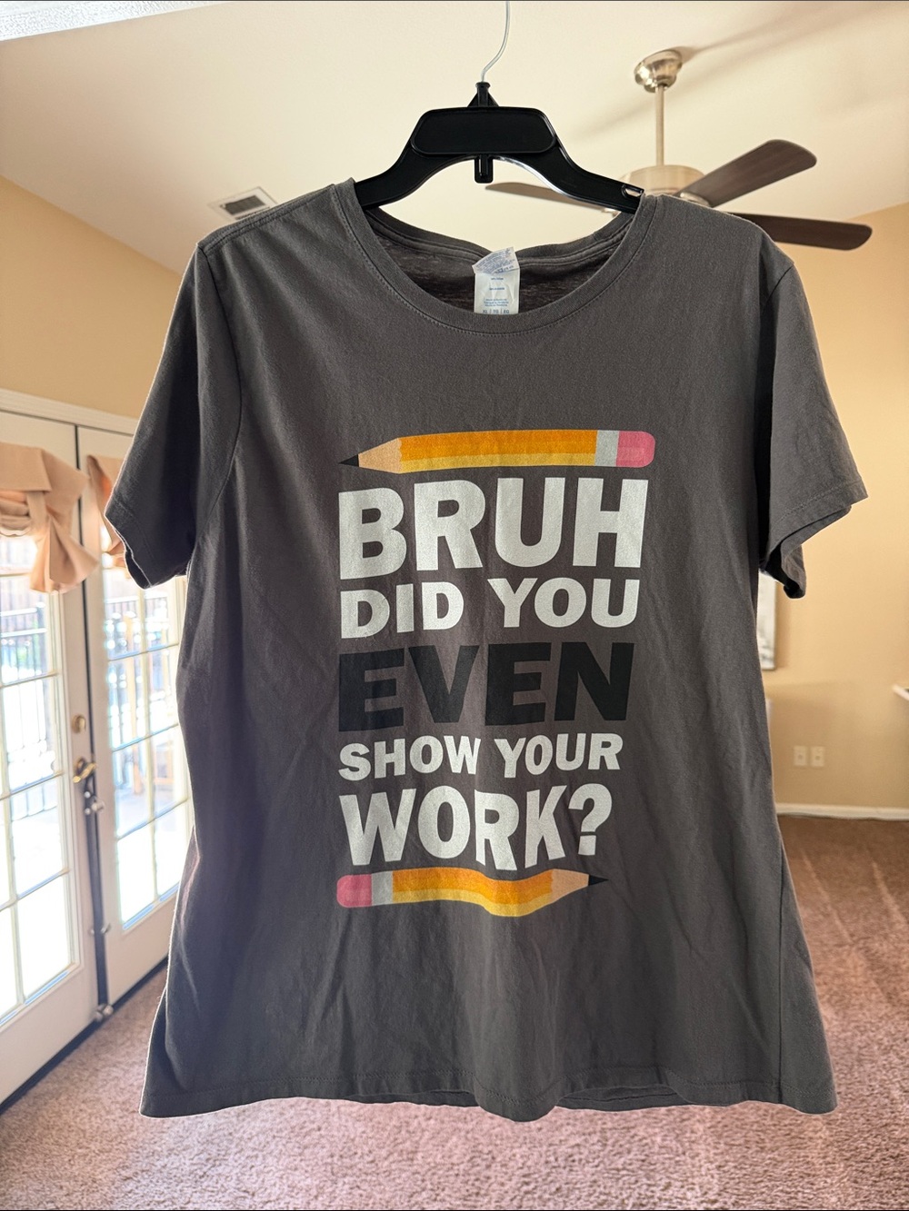 Port and Company Charcoal Graphic Tee with Yellow and Pink Pencil Accents